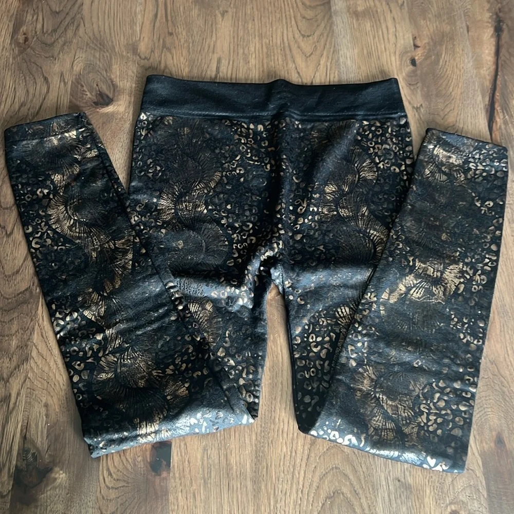 YELETE Black & Gold OS Women's Metallic Mixed Print Fleece Lined Legging